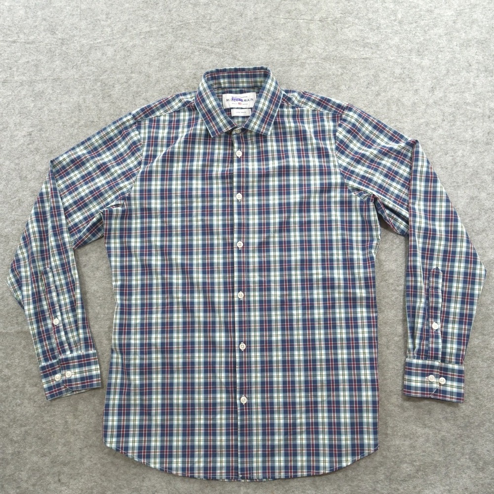 Mizzen Main Leeward Shirt Mens Large Blue Button Up Plaid Long Sleeve Trim Fit